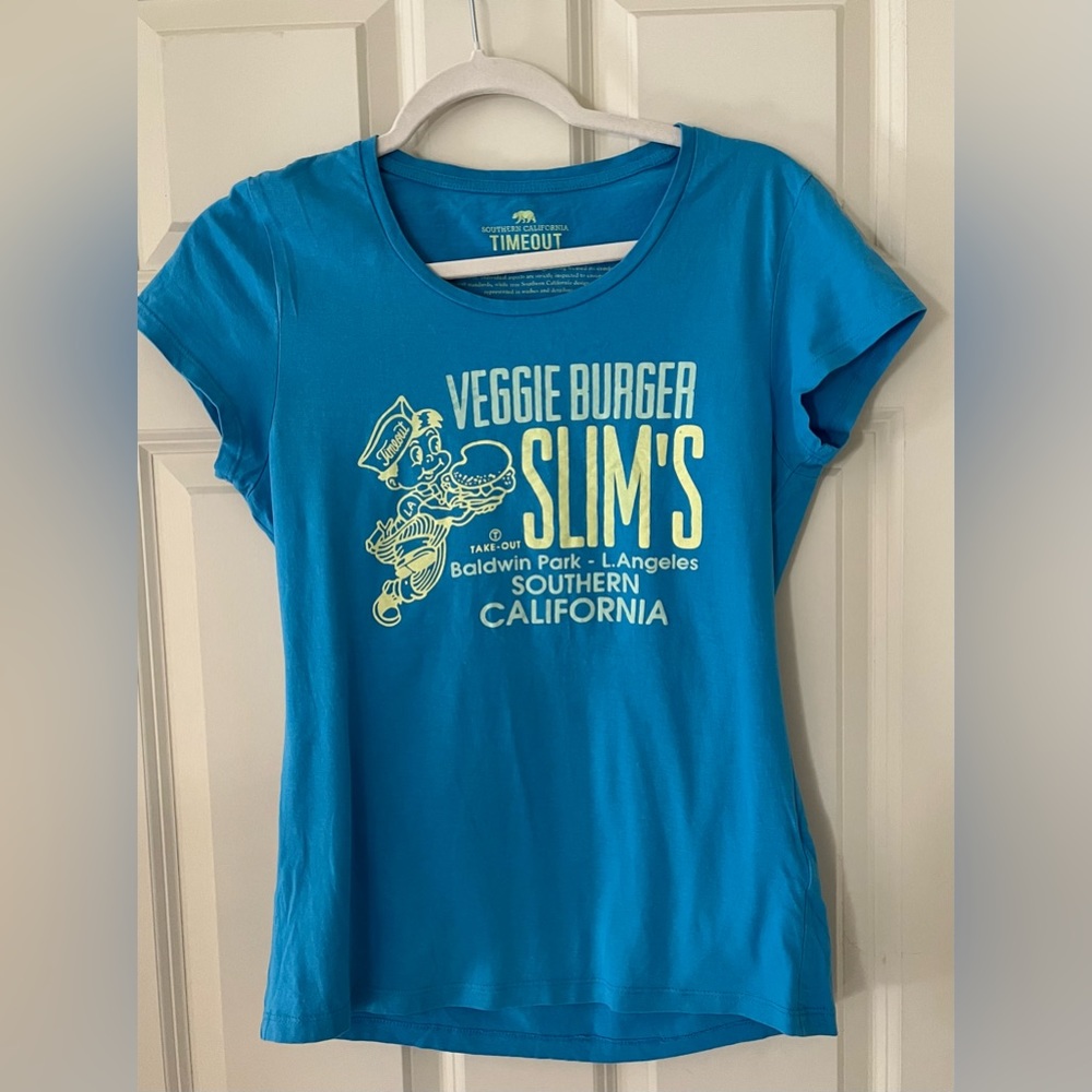 Women's TimeOut graphic t-shirt “Veggie Burger Slims California” size L kitschy